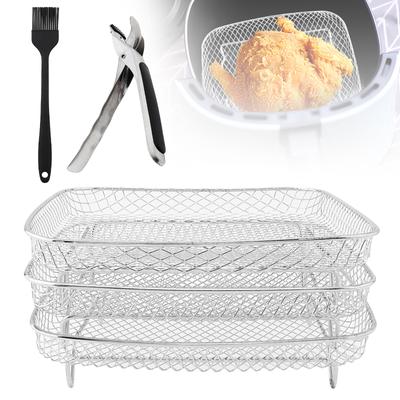 304 Stainless Steel Square Air Fryer Rack Set Heavy Duty Mounting Bracket Clip Oil Brush Universal Fit Easy Clean