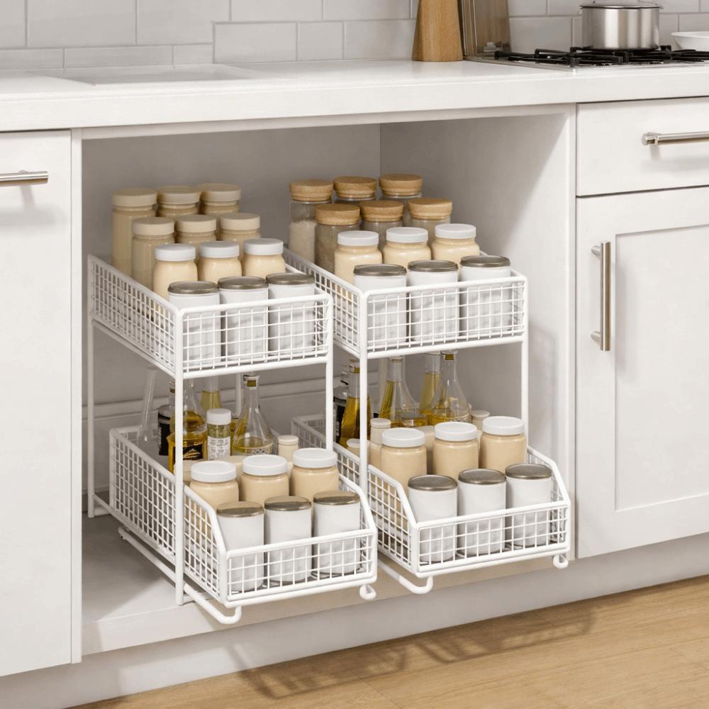 Iron Pull Out Storage Rack Stable Frame Sliding Cabinet Basket 2 Tier Storage Basket  Bathroom
