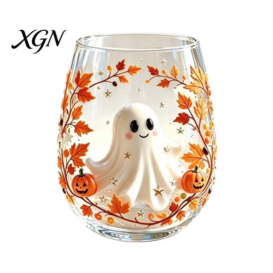 Personalized Daily Use Glassware Stemless Wine Glasses with Marine Animal Pattern, 420ml Capacity, High Borosilicate Halloween Themed Drinking