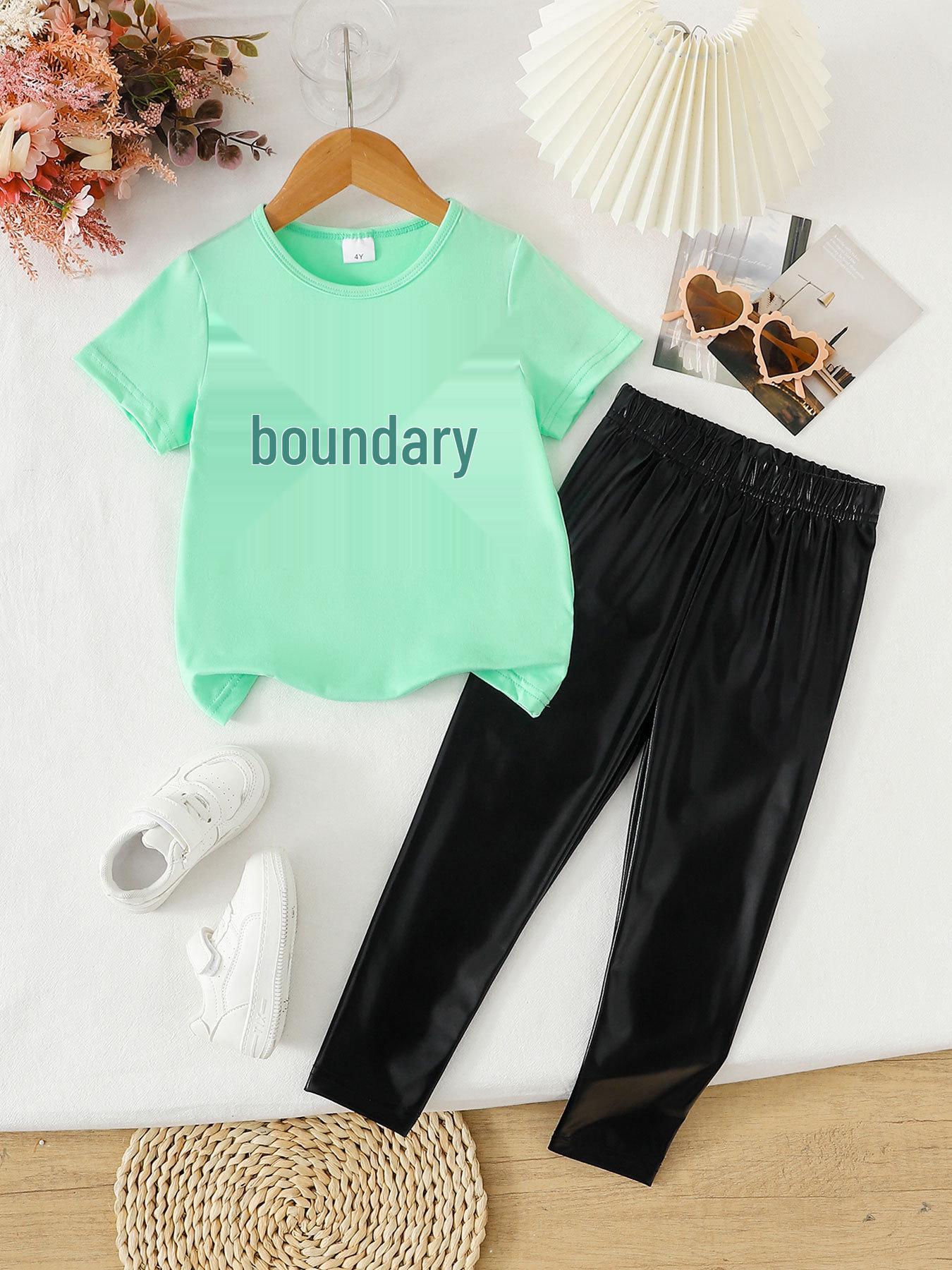 Summer Girls Two-piece Clothing Set: Fashionable Casual Short Sleeve Top & Printed Long Pants 5 Years