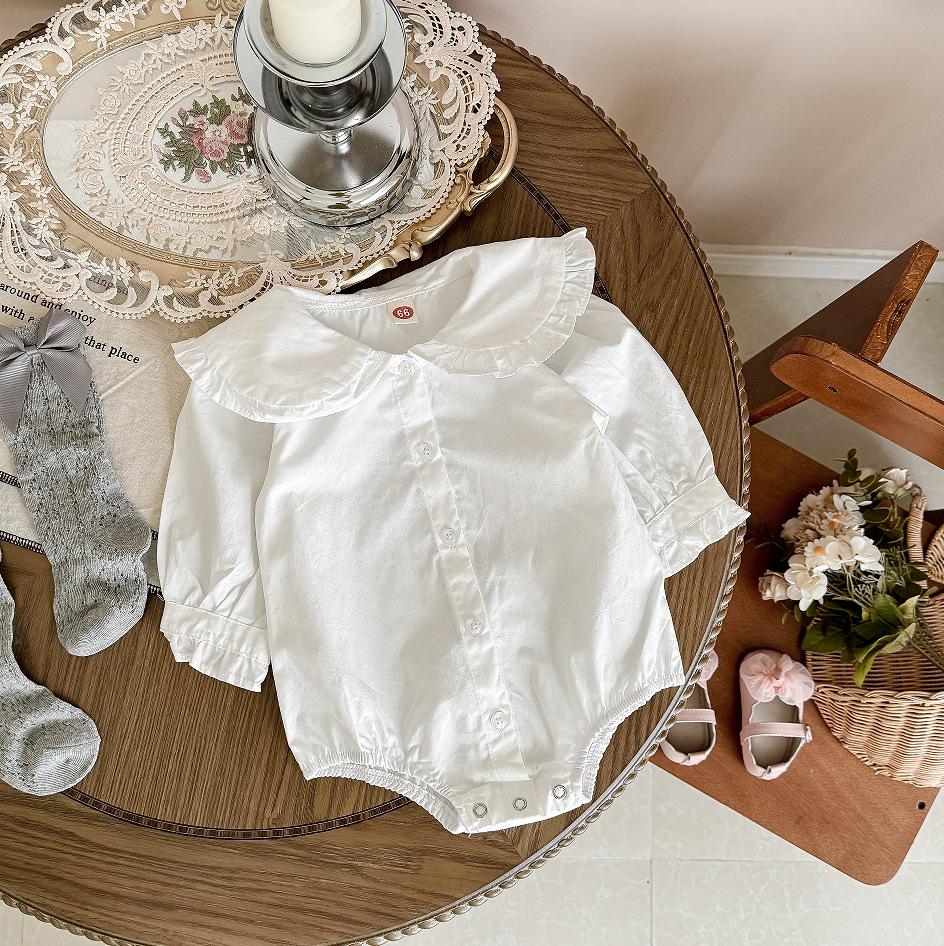 Korean Style Baby Girl Long Sleeve Lace Collar Footed Bodysuit Jumpsuit Romper
