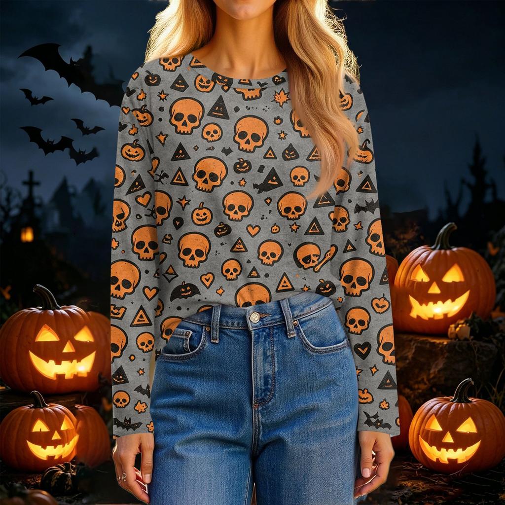 Women's Fashion Casual Long Sleeve Halloween Print Crewneck Top