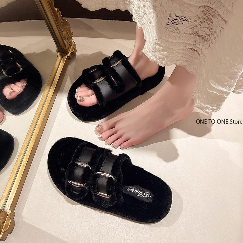 Med Chaussures Femmes Pantoufles Extérieur Sandales Pantofle Flock Plateforme Fourrure Tongs 2024 Plates Peluche Automne Tissu Rome Chaussures Maison