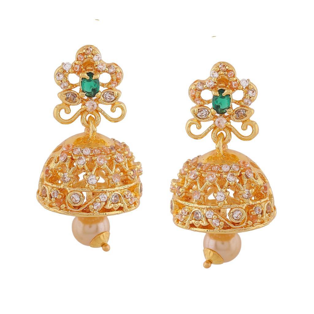 Beautiful Gold Plated Jhumki Estele Zircon Earrings For Women With Pearl And Green Crystals
