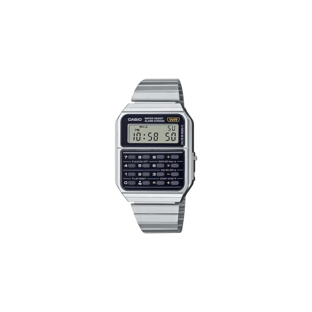 Casio Vintage Серия CA-500WE-1A Цифровые часы с 8-значным калькулятором Унисекс Серебристый металлический ремешок