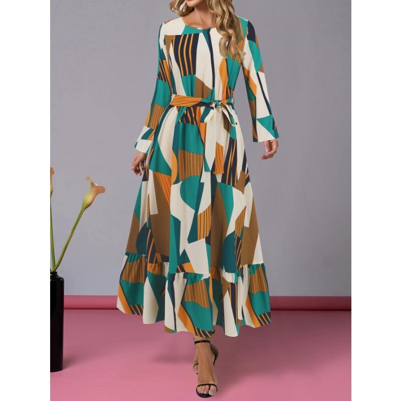 

Осеннее платье с длинными рукавами и геометрическим рисунком, контрастным круглым вырезом, модное платье с длинными рукавами и поясом XXL зелёный