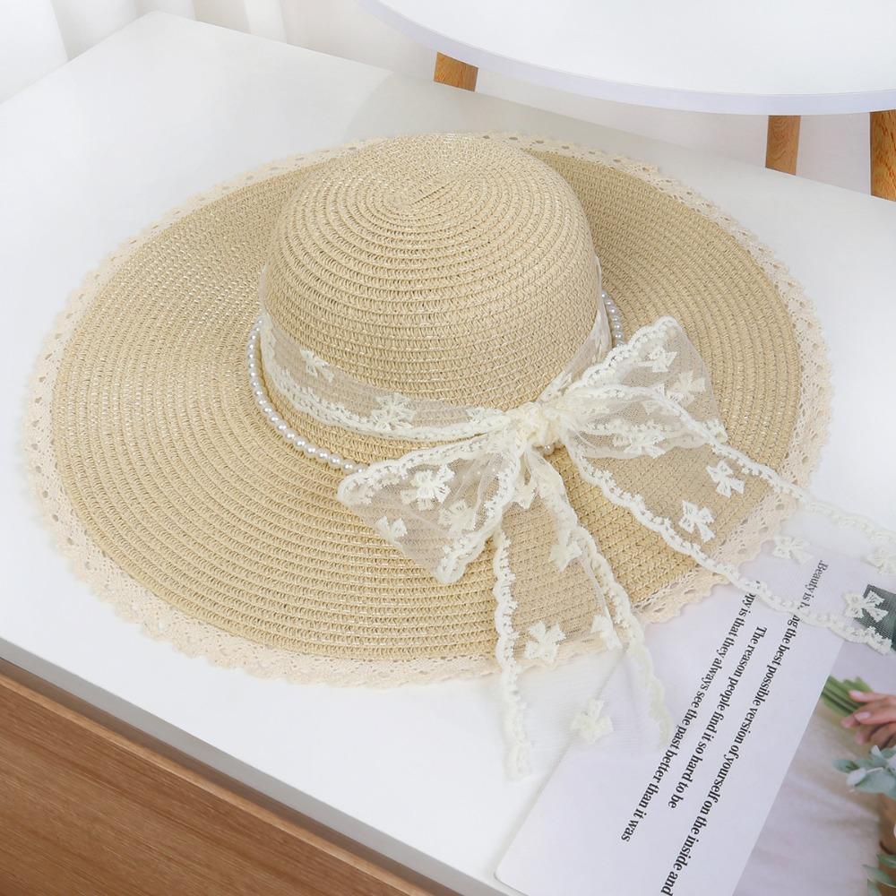 Breathable Wide Brim Straw Hat Elegant Lace Tied Sun Hat Stylish Beach Hat  Girls
