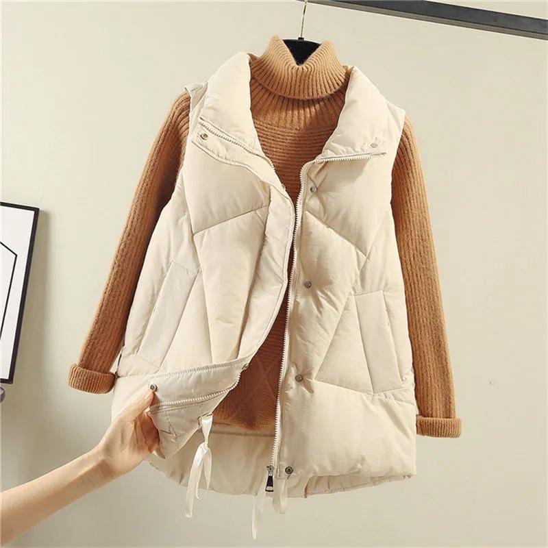 Women's Quilted Puffer Vest Loose Fit Stand Collar Sleeveless Winter Gilet