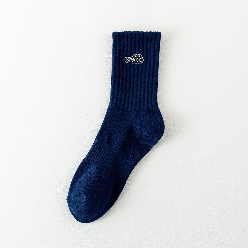 

Мужской осенне-зимний тренд однотонные спортивные носки-гольфы с вышивкой 1 pair темно-синий