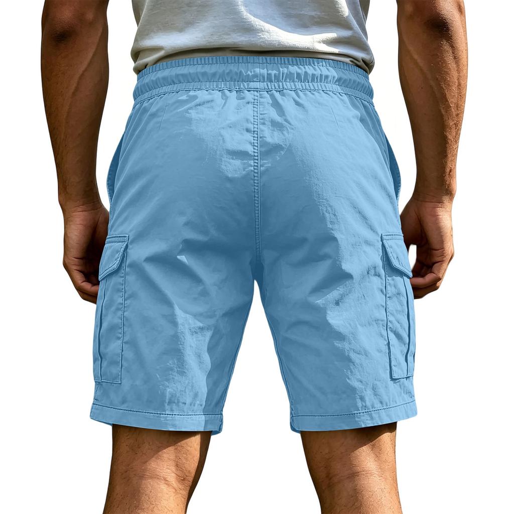 Men's Casual Cargo Shorts Elastic Drawstring Waist Multi-Pocket Summer Quick Dry Workout Solid Color Beach Short Pants