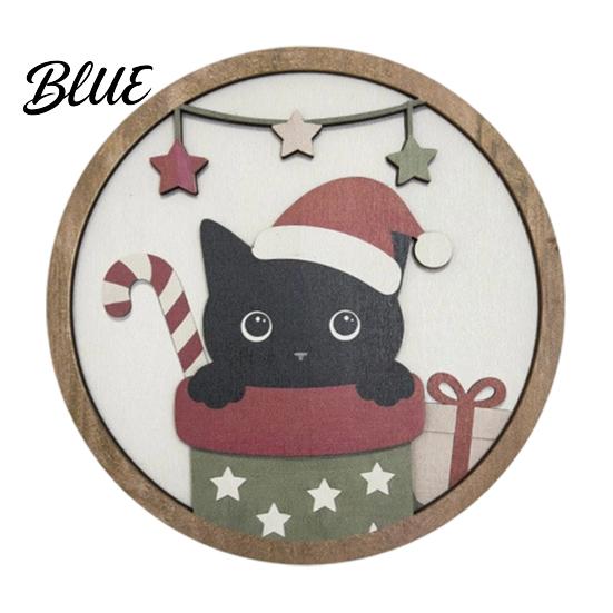 Holiday Wall Ornaments Christmas Black Cat Decor, Layered Wooden Hanging Sign, Round 2D Decorative Plaques Flat Art Decoration for Living Room Bedroom