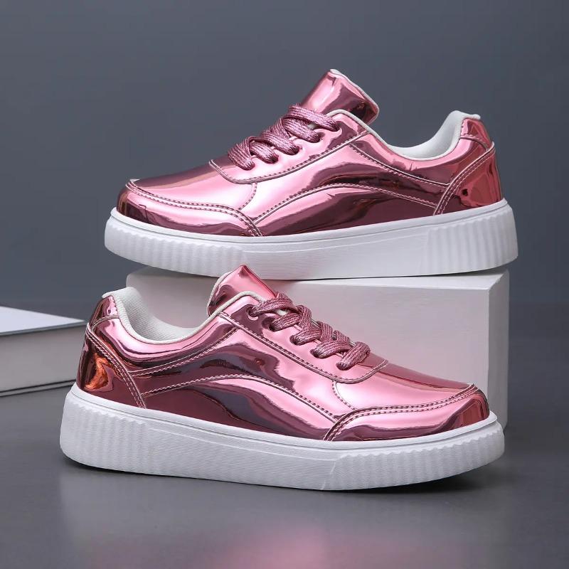 Fashion Womens Pink Gold Platform Sneakers Autumn Fashion Casual Sports Shoes Thick Bottom Vulcanized Shoes Woman Flats Heels Shoes