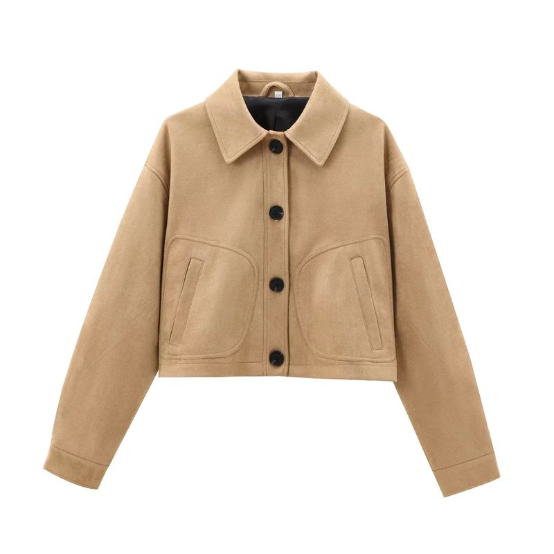 Autumn New Women Clothes Long Sleeve Lapel Simple Button Decoration Leather Crop Jacket Outerwear 4720200