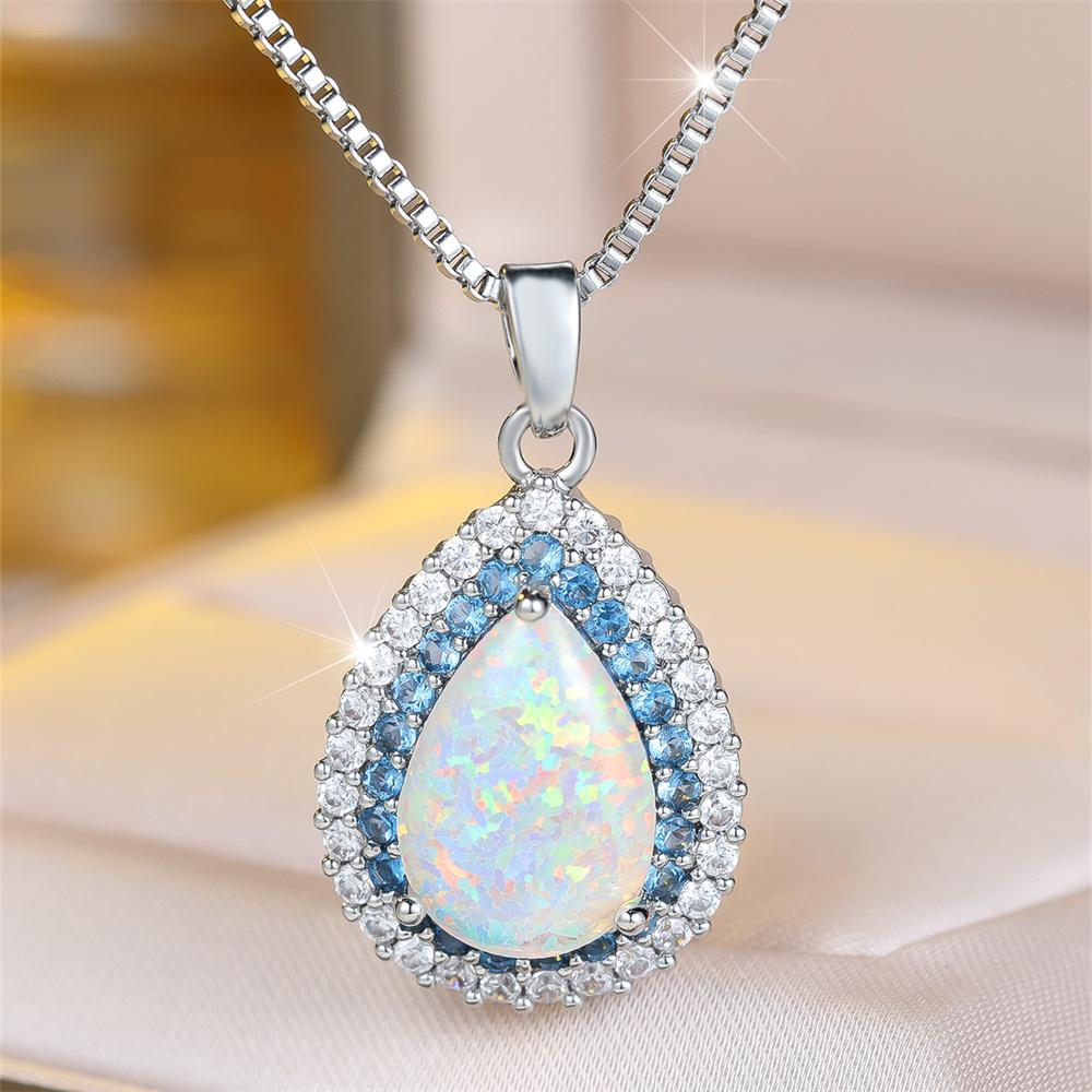 Grande Ciondolo in Pietra a Goccia d'Acqua Collane in Opale di Fuoco Bianco per Donna Catena Color Argento Vintage Zircone Rosso Rosa Blu Gioielli da Matrimonio