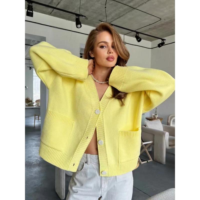 

Autumn Winter V-neck Solid Color Loose Casual Single Breasted Coat Women All-match Knitting Cardigan Top S жёлтый