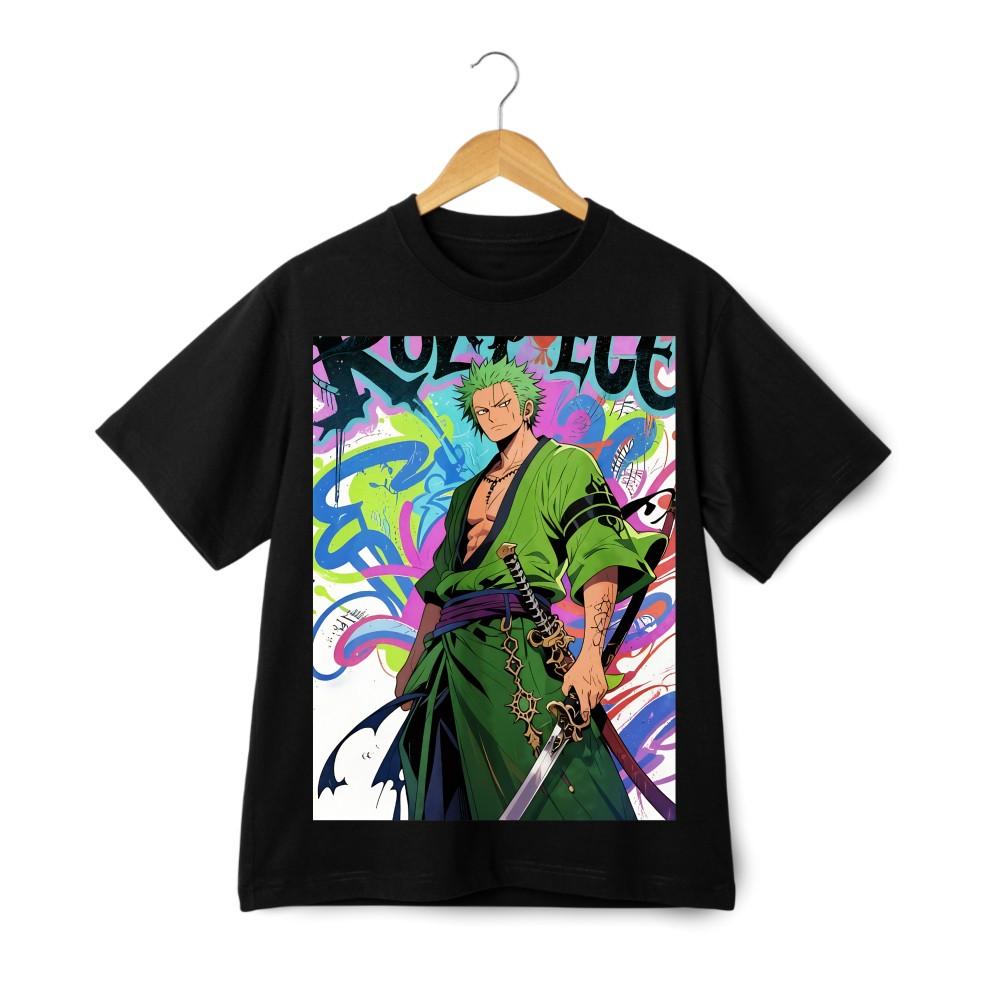 

Green Kimono Style Tee| Zoro Print and Sword Design for Cosplay and Anime Fans XL