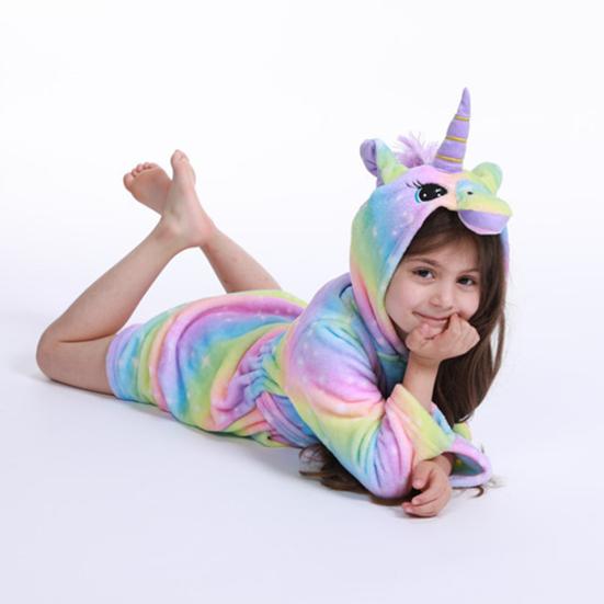 Cute Kids Boys Girls Unicorn Long Sleeve Hooded Pocket Sash Bathrobe