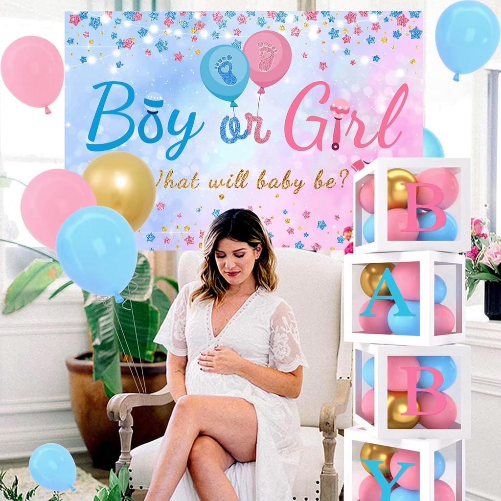 Baby Gender Reveal Party Decorations - Pink Blue Balloon Arch Garland Kits With 4pcs Baby Boxes, Gender Reveal Backdrop and Tablecloths for Baby