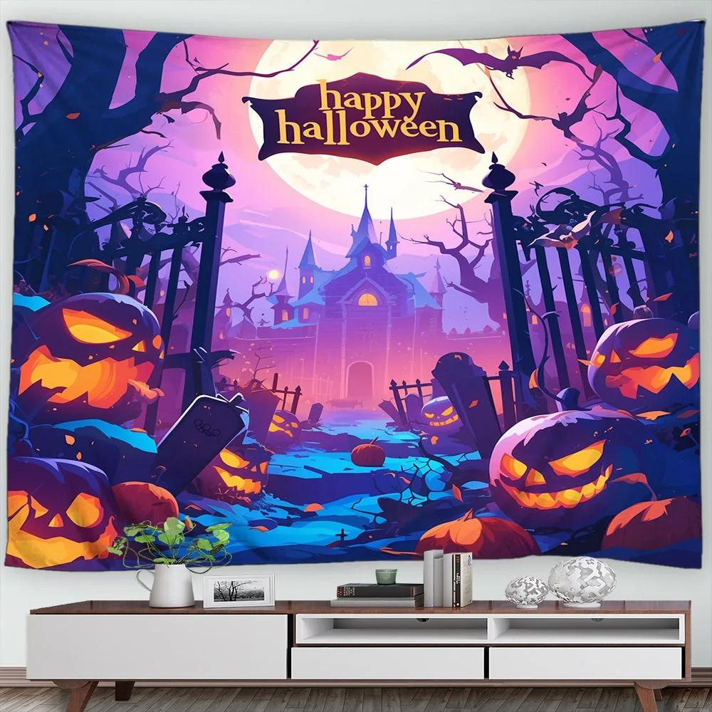 Halloween Decorative Tapestry Pumpkin Lantern Wall Hanging Full Moon Gothic Castle Ghost Bat Tapestry Home Room Decoration
