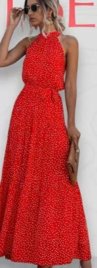 Women's long dress popular new neck polka dot printing lace-up dress