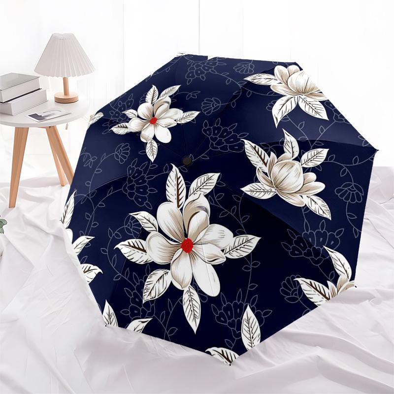 

1pc Floral Pattern Navy Blue White Flowers Umbrella with Plastic Handle,Compact & Stylish,Suitable for All Seasons ptys26043