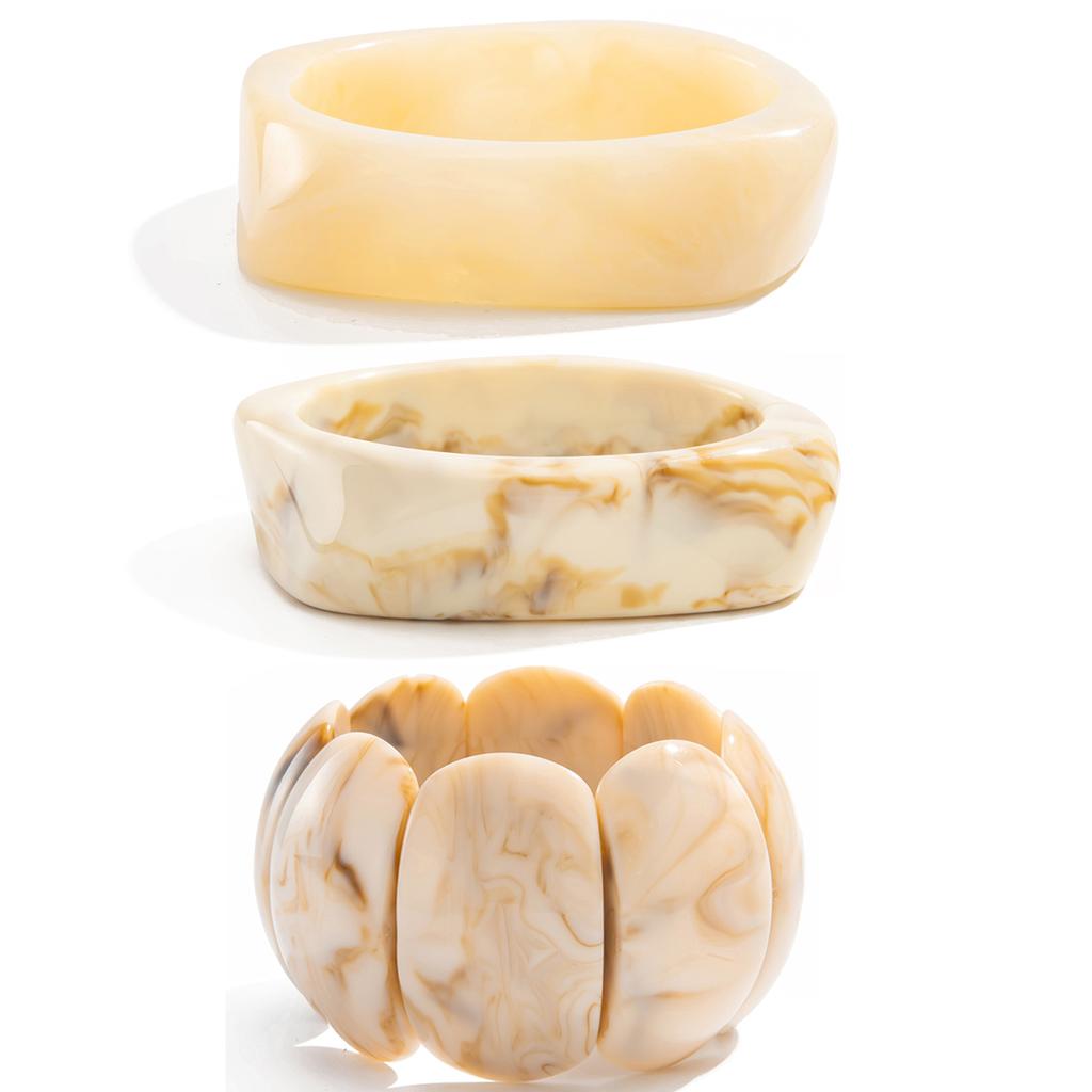 Salircon 3 Styles Bohemian Beige Wide Resin Acrylic Smudging Bangles for Women Punk Geometric Arm Bracelet Aesthetic Y2K Jewelry