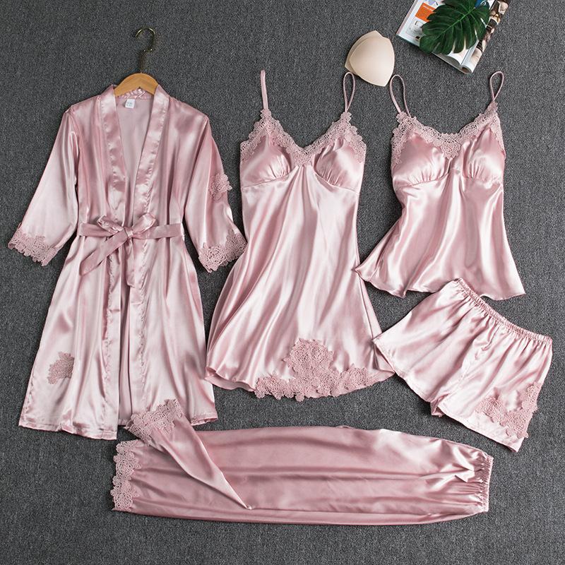 Set Pigiama Sexy da Donna 5 Pezzi Morbido Seta Ghiacciata Manica Lunga Accappatoio Set Accappatoio Taglie Forti Loungewear Pigiami