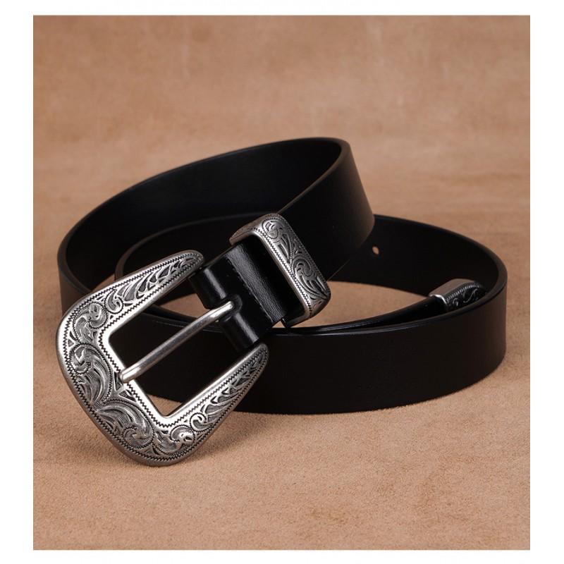 Womens Genuine Leather Belt With Vintage Carved Y2K Rivet Decor Slim Waistband Jeans Blazers