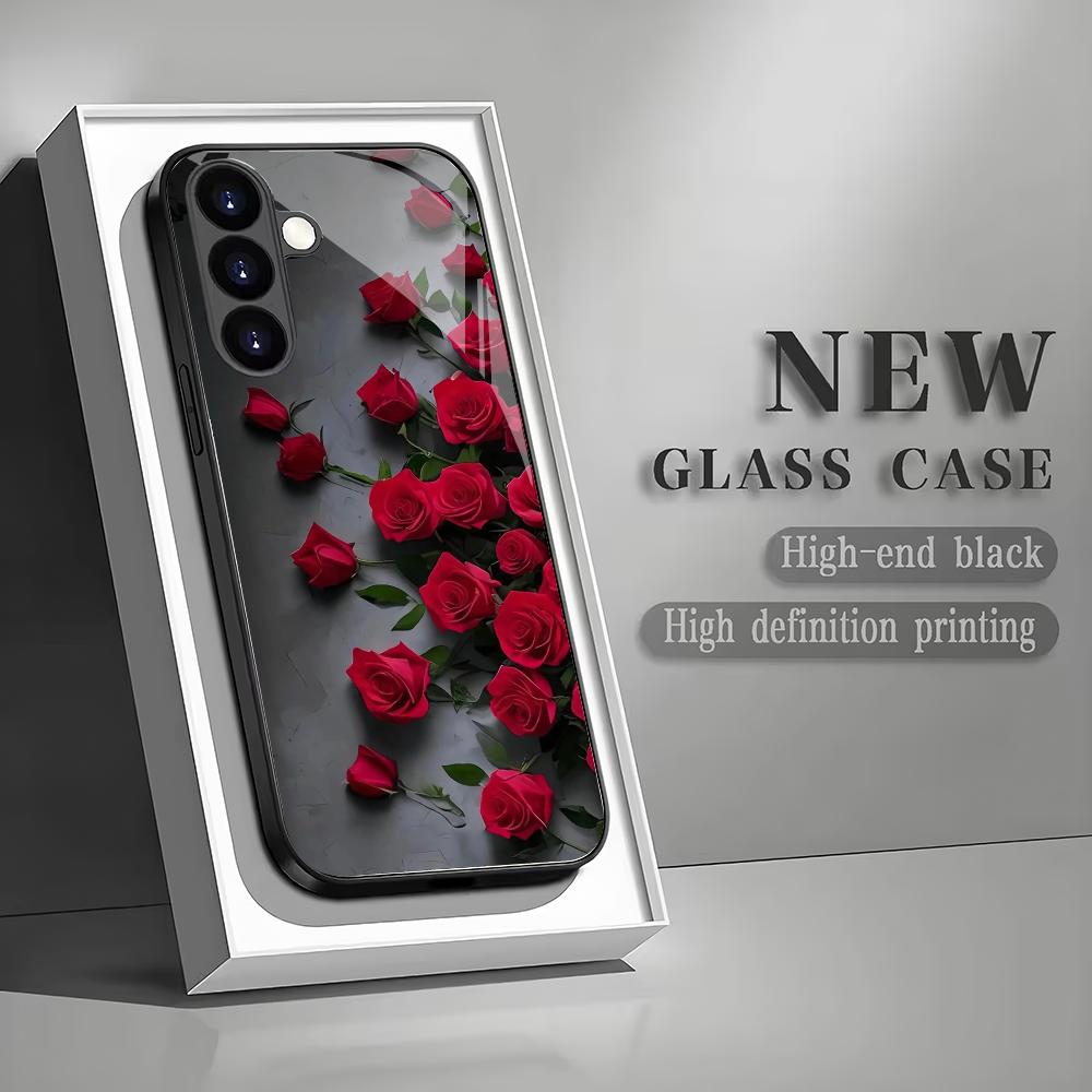 Red Rose Tempered Glass Phone Case Suitable for Samsung Galaxy S26 S25 S24 S23 S22 S20 FE/Ultra/Plus Anti Drop Back Cover