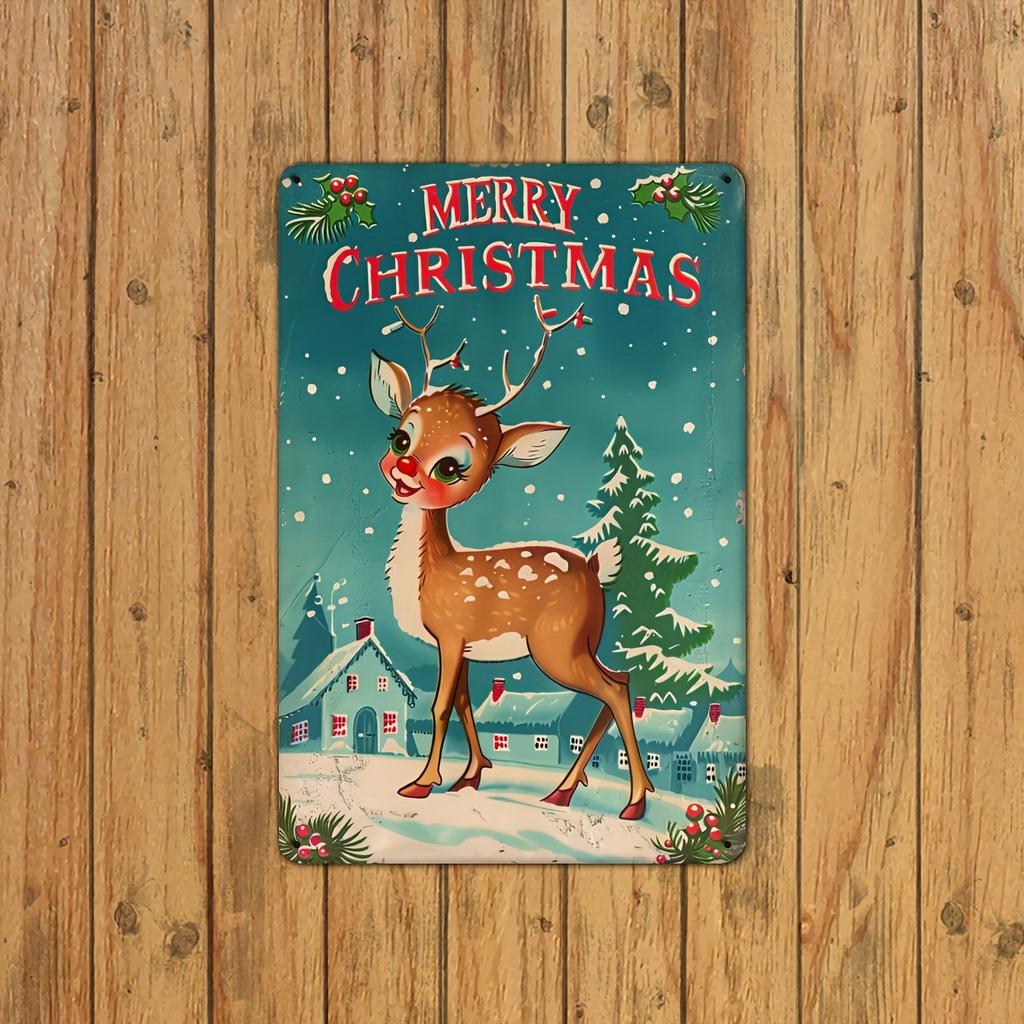 1pc Vintage Christmas Reindeer Iron Tin Sign, 8x12 Inches, Merry Xmas Wall Decor for Home, Bar, Cafe, School, Library, Garage