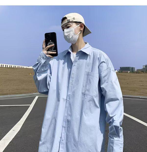 Trendig japansk vår lös passform unisex långärmad skjorta