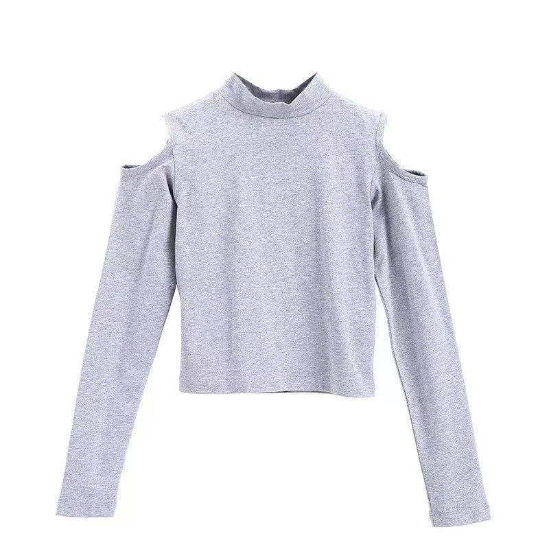 Women's Black Off-Shoulder Long Sleeve Crop Tops - Autumn/Winter High Collar Cotton Fashion T-Shirts