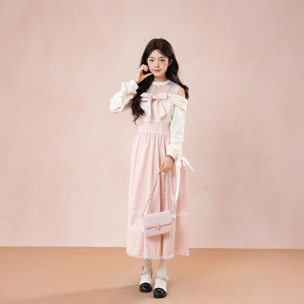 Gentle wind off-the-shoulder dress women's autumn light pink sweet bow lace-up waist cute long dress tide