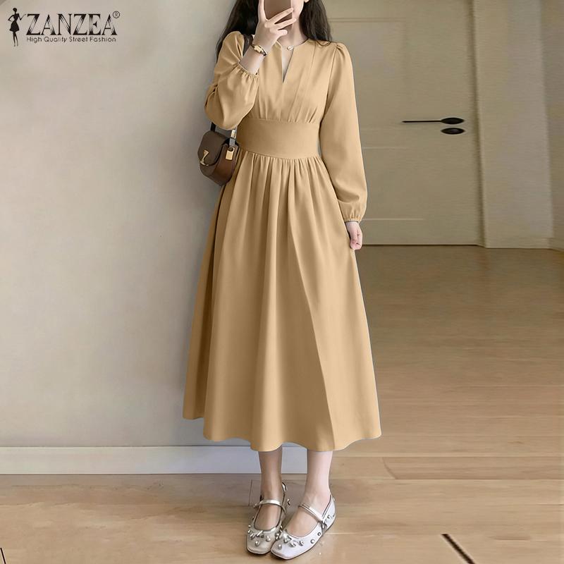 ZANZEA Kobiety Casualowy Dekolt V Rękaw 3/4 Jednolity Kolor Luźna Długa Sukienka