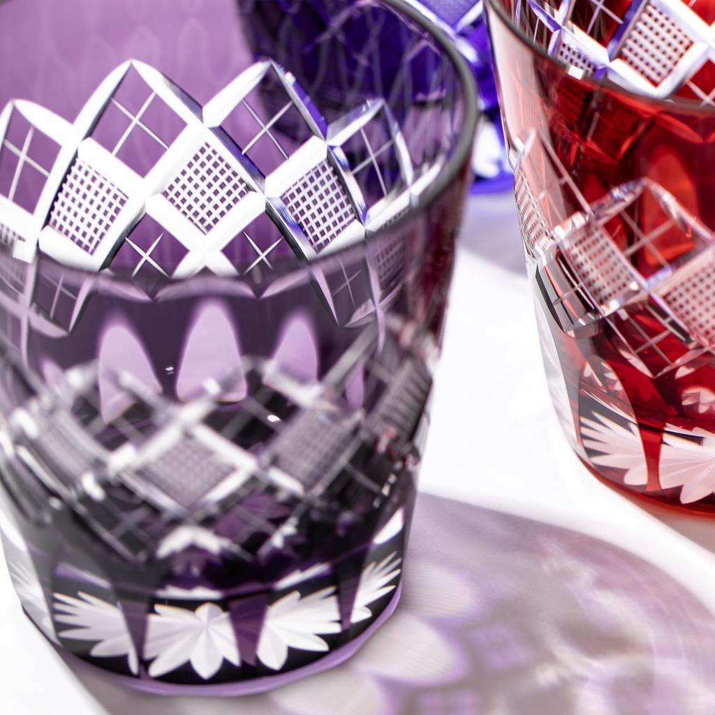 [Taimuro Workshop Official] Edo Kiriko Yarai Nanako Pattern Open-Top Old Fashioned Glass (Purple) TB90425M, in Wooden Box, Made in Japan