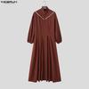 INCERUN Men Stand Neck Long Sleeve Button Up Casual Pleated Long Shirts Tops