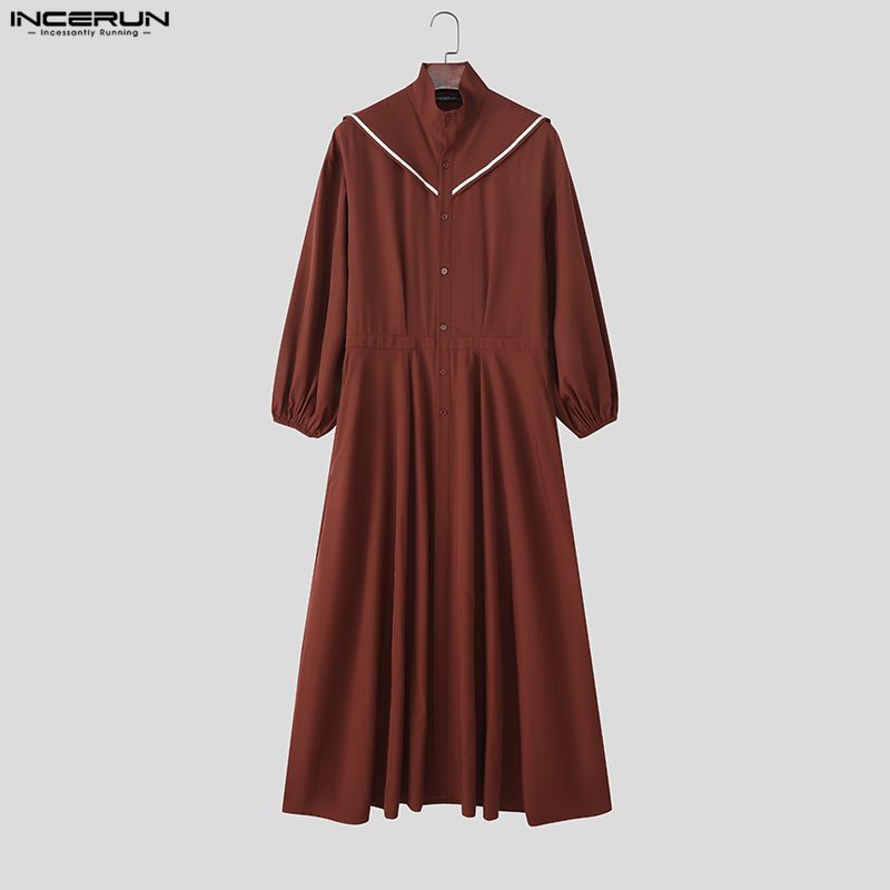 INCERUN Men Stand Neck Long Sleeve Button Up Casual Pleated Long Shirts Tops