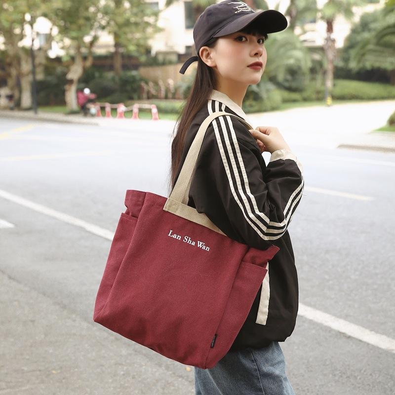 Unisex Tote Bag Literary Style Niche Letter Shoulder Bag Korean Leisure Student Class Portable Canvas