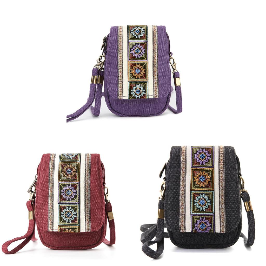 Ethnic Embroidered Canvas Phone Bag With Multiple Pockets For Daily Use