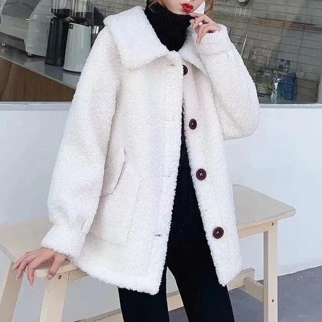 Verdickter Imitat-Lammwoll-Integrierter Quadratkragen-Mantel Damen Herbst- und Winterbekleidung Übergröße Einreihig Lockerer Damenmantel