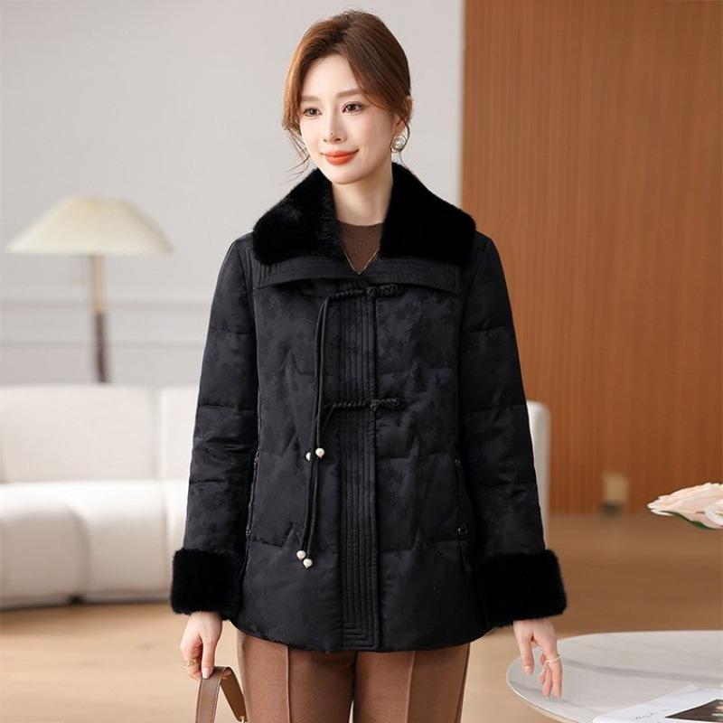 

Winter new button down jacket mother warm lapel white duck down padded jacket women 5XL [recommended 150-80kg] чёрный