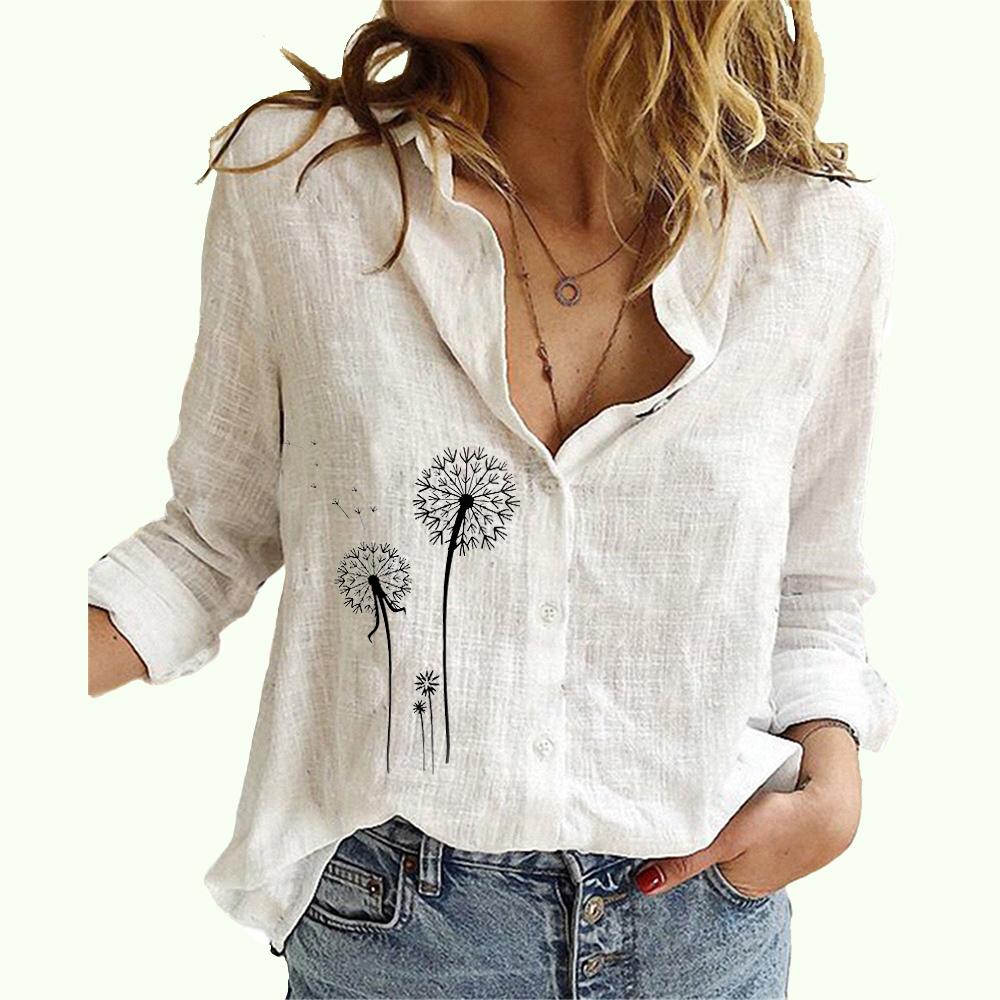 Damenmode Bluse mit Blumenmuster und Knöpfen Damen Casual Langarm Leinenoberteil Herbst&Sommer Stehkragen Dünne Blusen