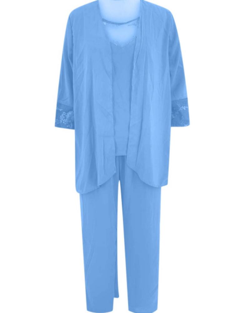 Blå chiffonbluse med blondekant, matchende cardigan og vide benbukser - sett