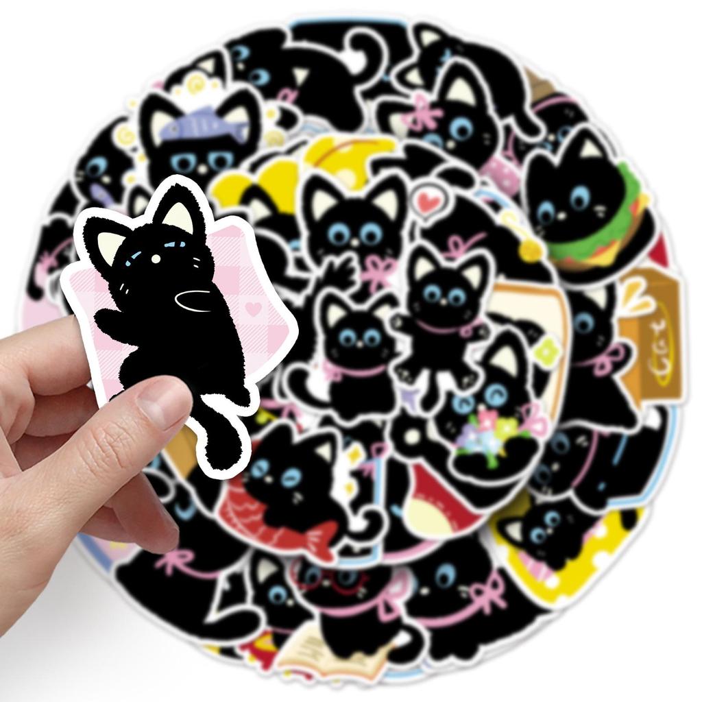 50 Bowknot Little Black Cat Cute Cartoon Stickers for Decorating Suitcases, Water Bottles, and Phone Cases