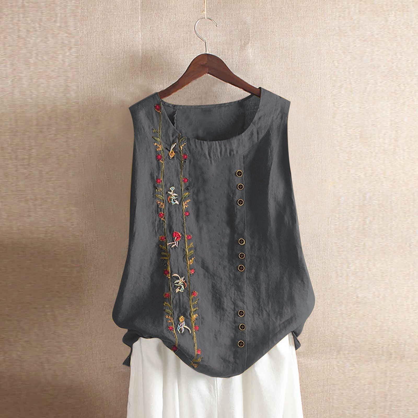 Women Summer Round Neck Floral Embroidered Sleeveless Loose Fit Casual Basic Tank Top Button Blouse for Vacation Daily Wear XL