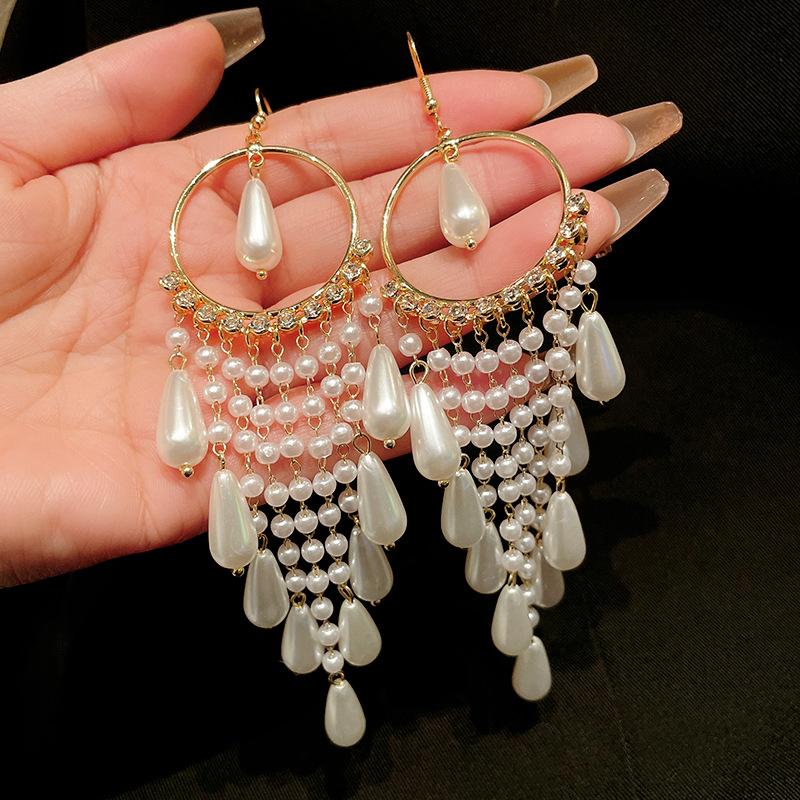 Zircon pearl long fringed earrings French retro court style ear hooks high-end fashion versatile earrings