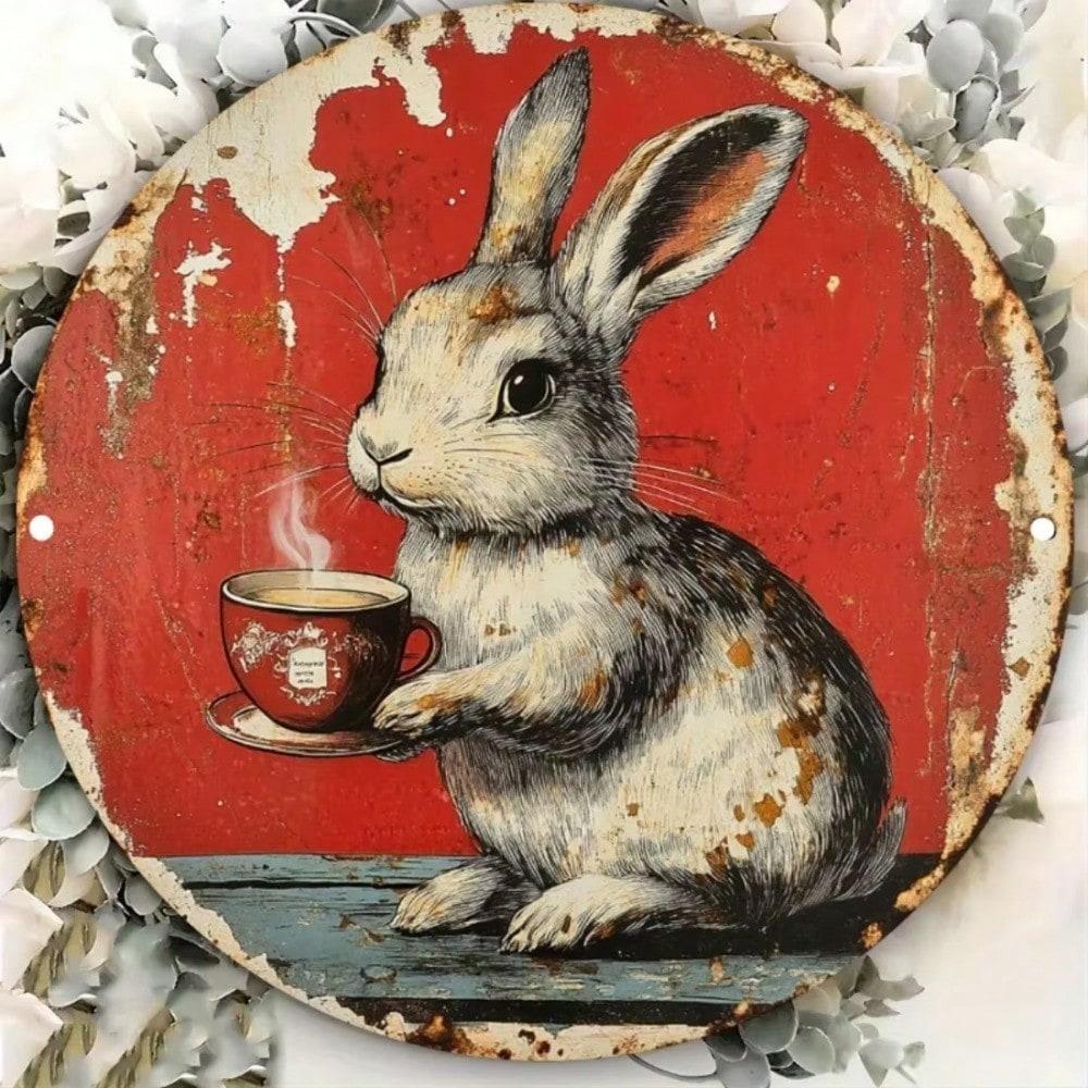Vintage Rabbit Coffee Cup Round Metal Sign Wall Art Decor 20cm Retro Home Room Gift 20x20