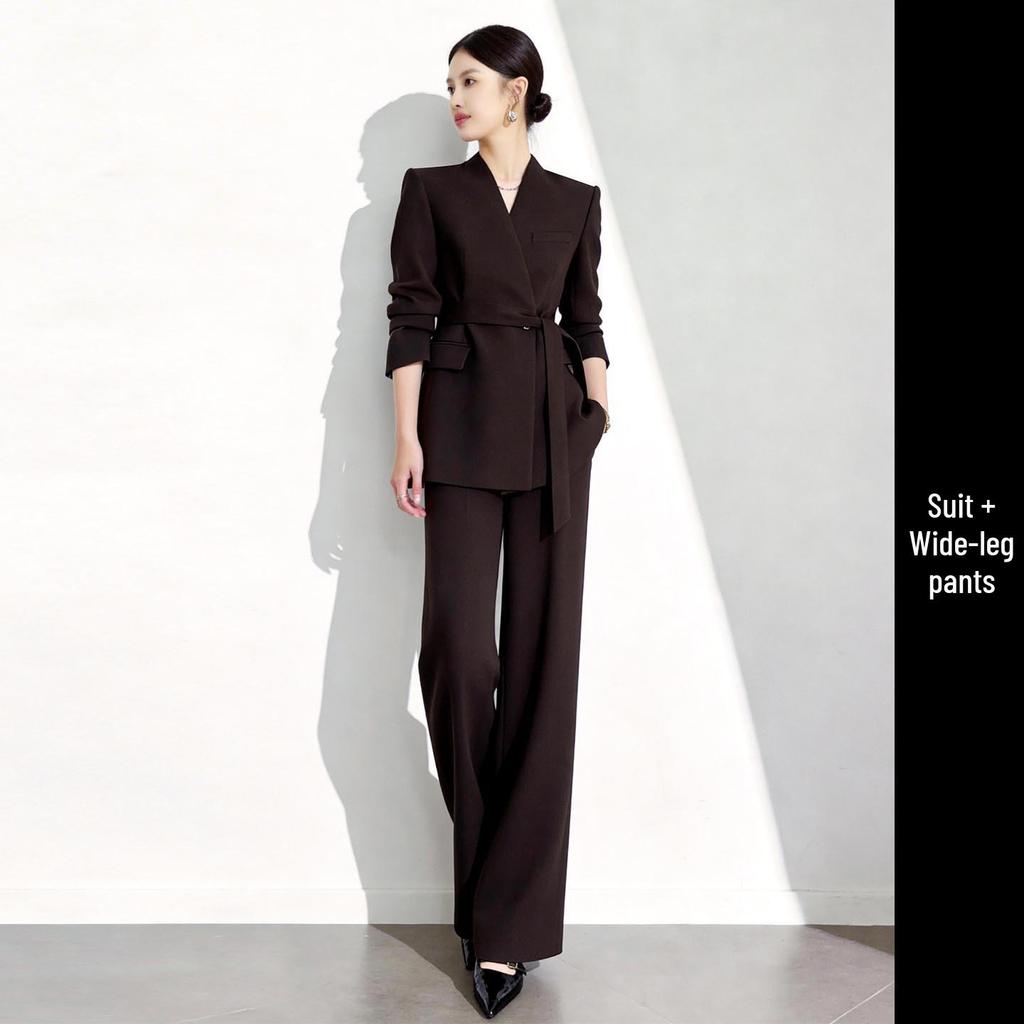 Elegant Coffee-Colored Collarless Skirt Suit for Women with Waist-Cinching Belt - Perfect for Urban Professional Style and Commuting.
