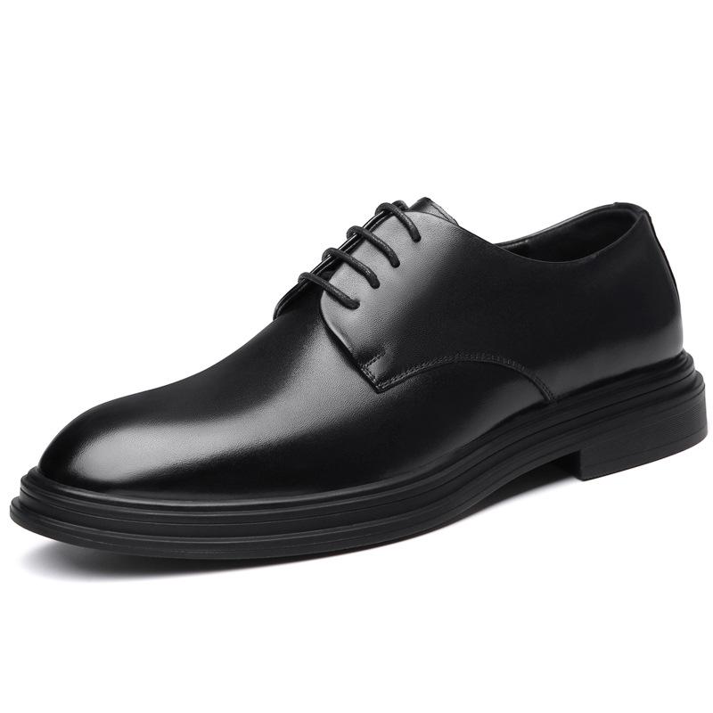 Business Dress Leather Shoes Men's Korean Version Trend Lace-up Platform Shoes Men's British Pointed Head Inner Height-increasing Groom Wedding Shoes