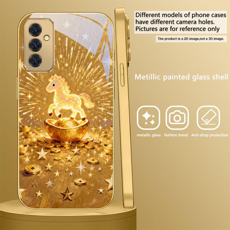 The shining golden pony For Samsung A 31 32 A33 A34 35 14 A15 13 A16 25 26 50 52 53 54 55 56 70 71 72 73 Golden glass phone case